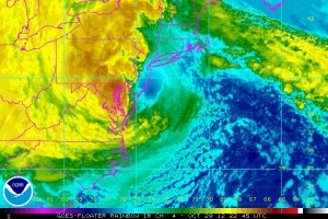 NOAA Image as Hurricane Sandy made landfall on Monday. Image from NOAA just before Hurricane Sandy made landfall on Monday evening.